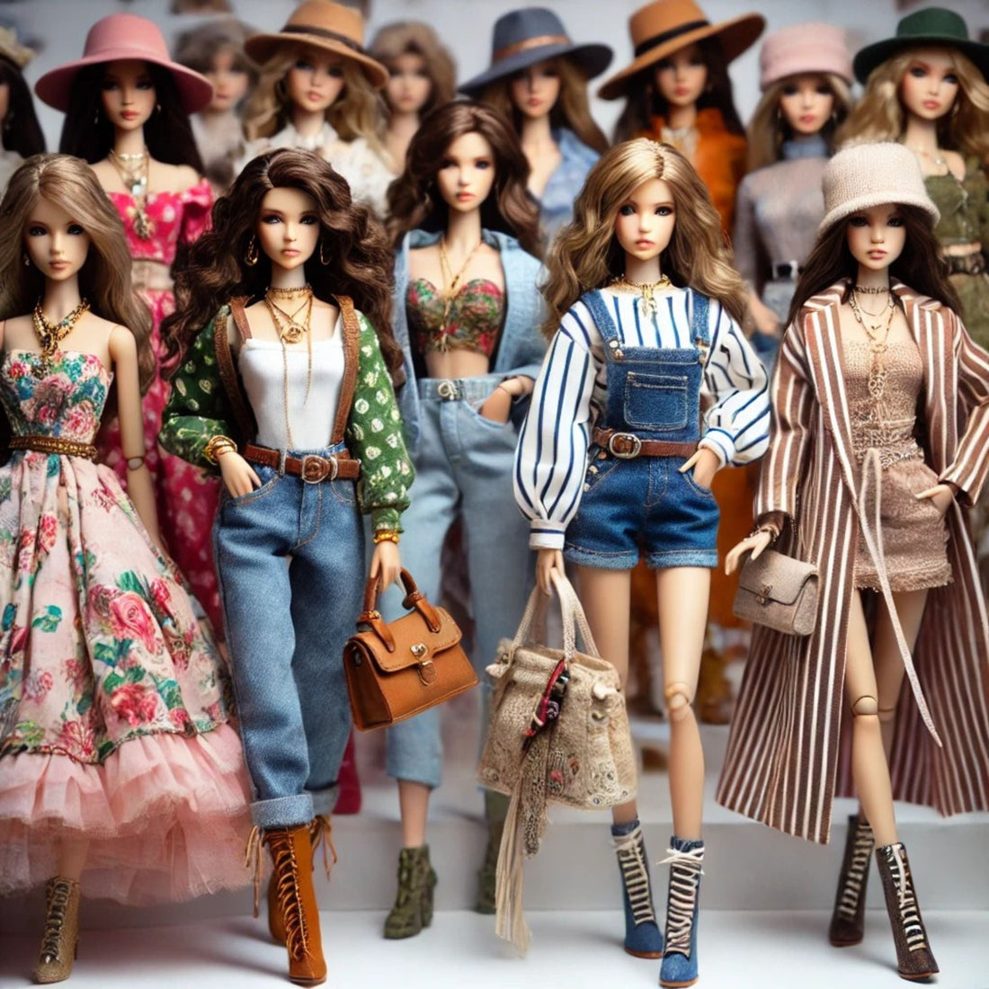 fashion dolls dressed in trendy, detailed outfits inspired by modern styles. The dolls wear elegant dresses, denim overalls, chic coats, and stylish accessories like handbags, hats, and boots.