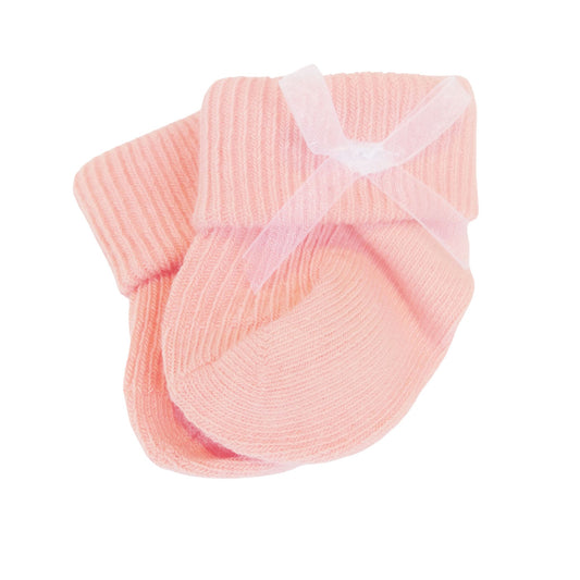 Soft pink doll socks with a sheer ribbon bow, perfect for dolls 34-45 cm.