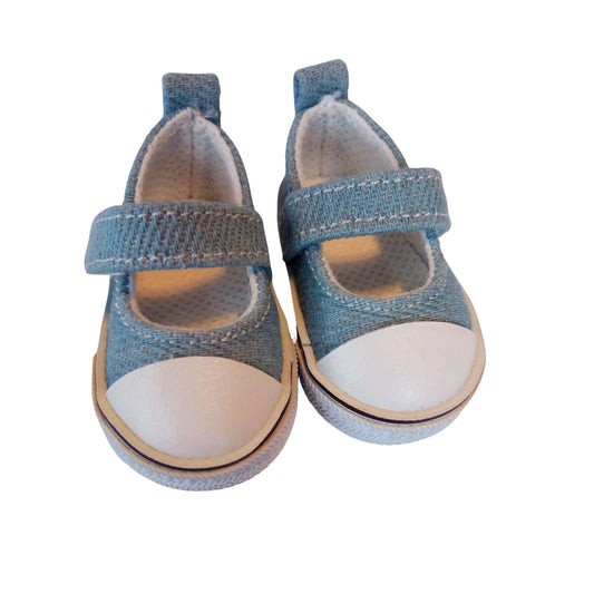 Light blue denim sneakers for Paola Reina 32 cm (12") dolls with white toe caps and Velcro straps.