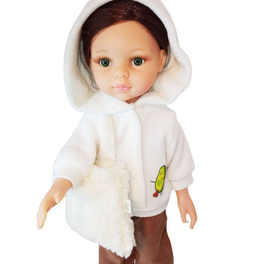 A soft and fluffy white sherpa handbag with a delicate gold strap, designed as a stylish accessory for Paola Reina 32 cm dolls.