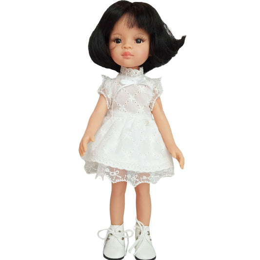 Handmade white lace dress for dolls with short black hair, featuring intricate lace details and matching white boots.