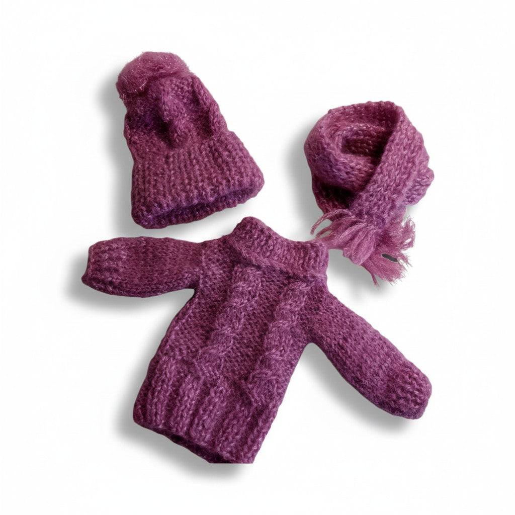 Handmade knitted berry outfit set for Paola Reina 32 cm doll with hat and scarf