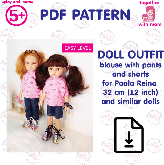 PDF pattern for Paola Reina 32 cm doll – blouse with pants & shorts – A4 print – Instant download
