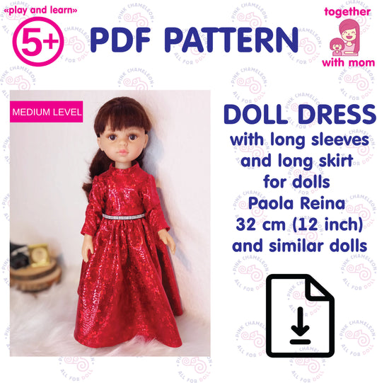 PDF pattern for Paola Reina 32 cm doll – long-sleeved elegant dress – A4 print – Instant download