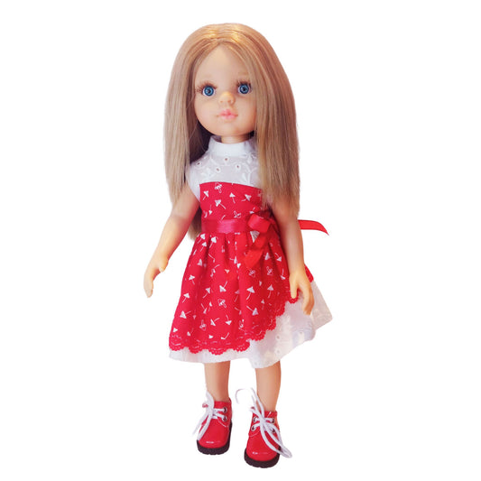 Red and white doll dress with a lace bodice, fly agaric mushroom print, and a satin bow, paired with red lace-up boots, designed for a 32 cm Paola Reina doll.