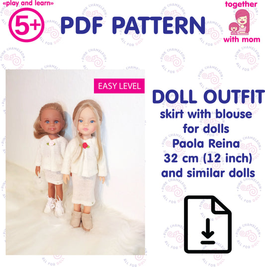 PDF sewing pattern for Paola Reina 32 cm doll outfit – blouse and skirt set, instant download.