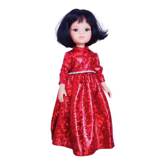 Paola Reina 32 cm doll wearing a red sparkling dress with a rhinestone belt and black patent leather shoes, standing against a white background.
