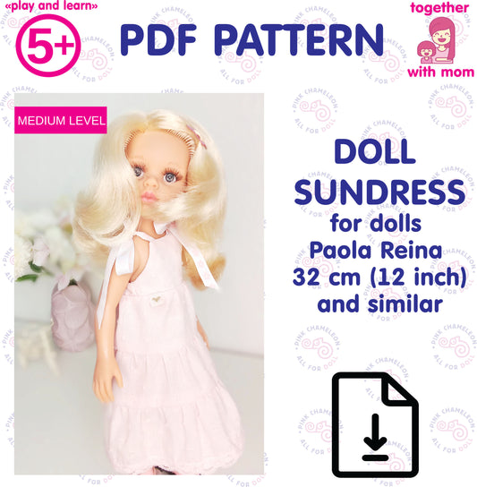 PDF sewing pattern for a summer sundress with ribbon straps, designed for Paola Reina 32 cm (12-inch) dolls, instant download.