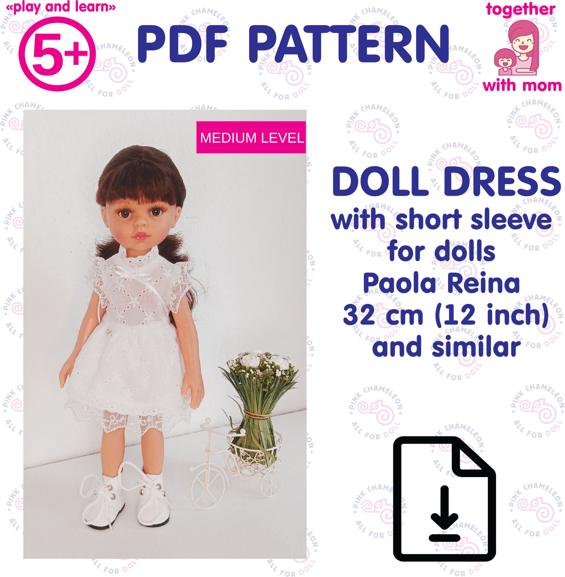 PDF sewing pattern for an elegant short-sleeve doll dress, designed for Paola Reina 32 cm (12-inch) dolls, instant download.