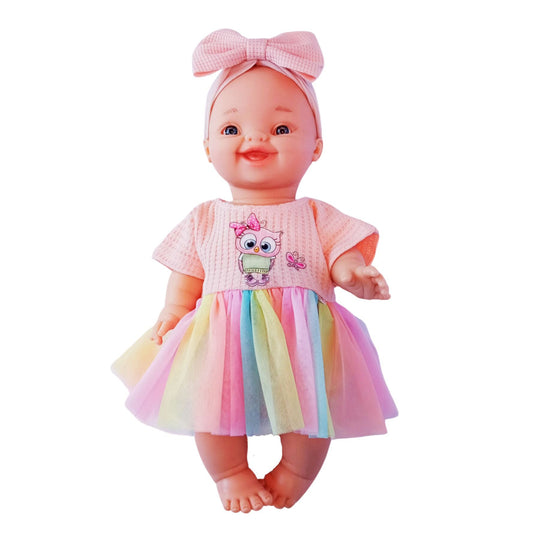 Smiling doll in peach jersey dress with rainbow tulle skirt and cute owl embroidery, perfect for 34 cm Paola Reina or Baby Born dolls.
