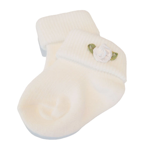 Soft white doll socks with an embroidered rose, designed for dolls 34-45 cm.