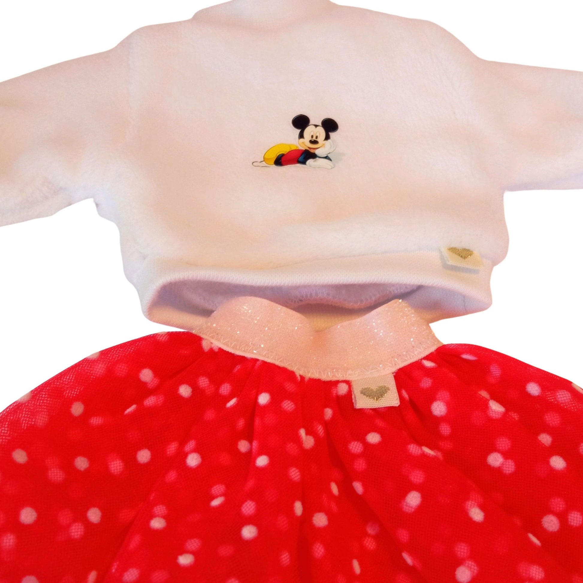Stylish Paola Reina dolls dressed in white plush sweatshirts with cute embroidery and fluffy polka-dot mesh skirts.