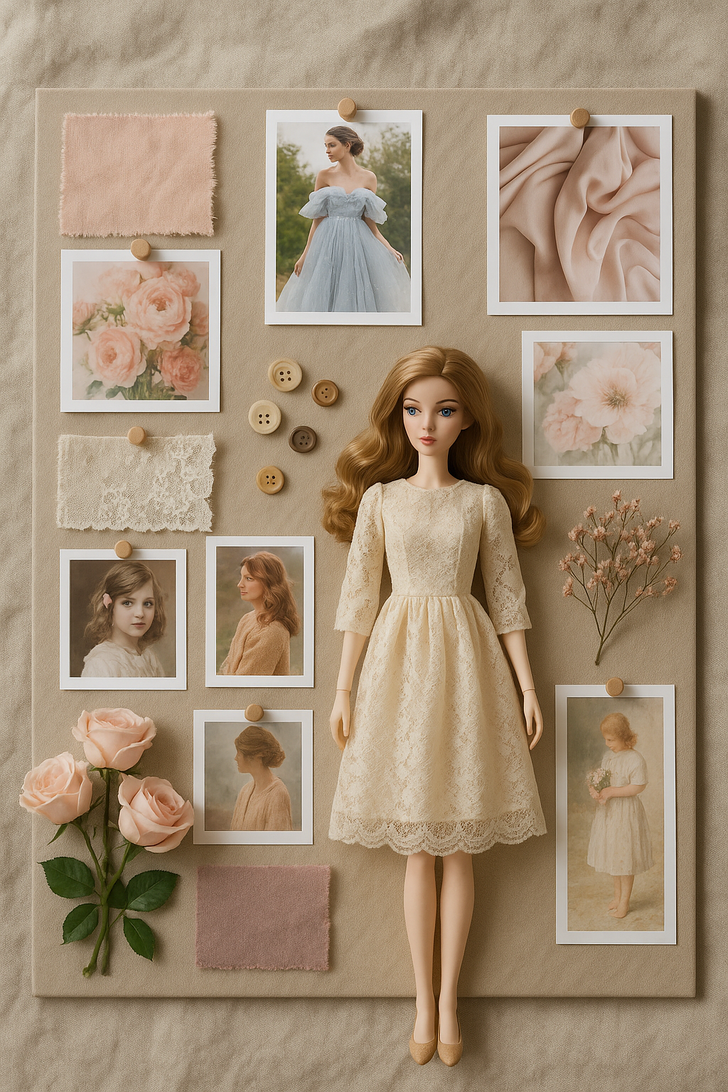 Moodboard for a doll designer featuring a fashion doll in a cream lace dress surrounded by fabric swatches, vintage photos, buttons, and flowers in pastel tones — perfect doll fashion inspiration.