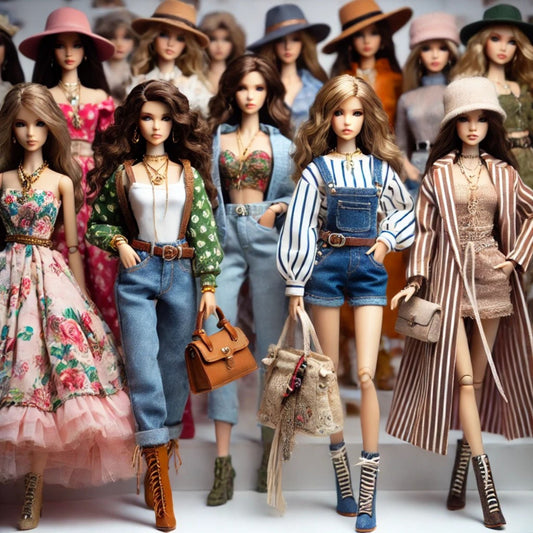 fashion dolls dressed in trendy, detailed outfits inspired by modern styles. The dolls wear elegant dresses, denim overalls, chic coats, and stylish accessories like handbags, hats, and boots. 