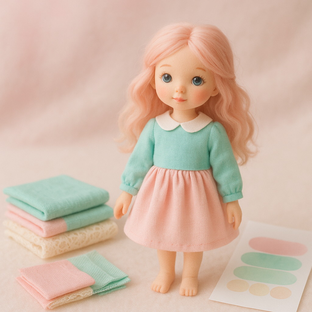 Сute pastel-colored doll with pink hair wearing a mint blouse and pink skirt, surrounded by fabric swatches in soft pink, mint, and cream tones, on a light pink background.