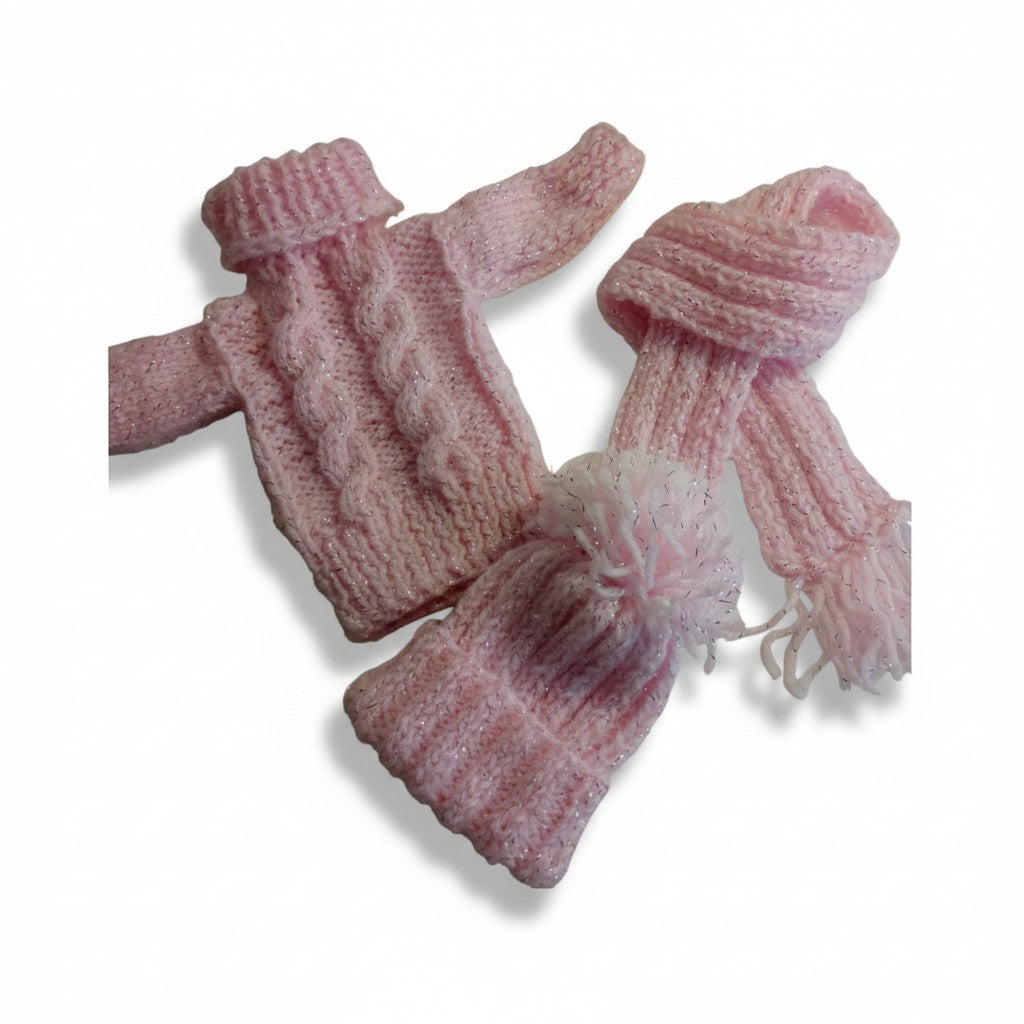 Pink handmade knitted outfit for Paola Reina 12 inch doll sweater hat scarf set