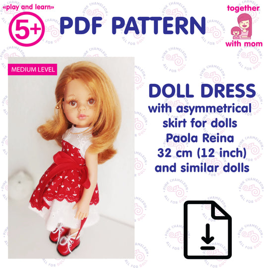 PDF sewing pattern for Paola Reina 32 cm doll dress with asymmetrical skirt – Instant download