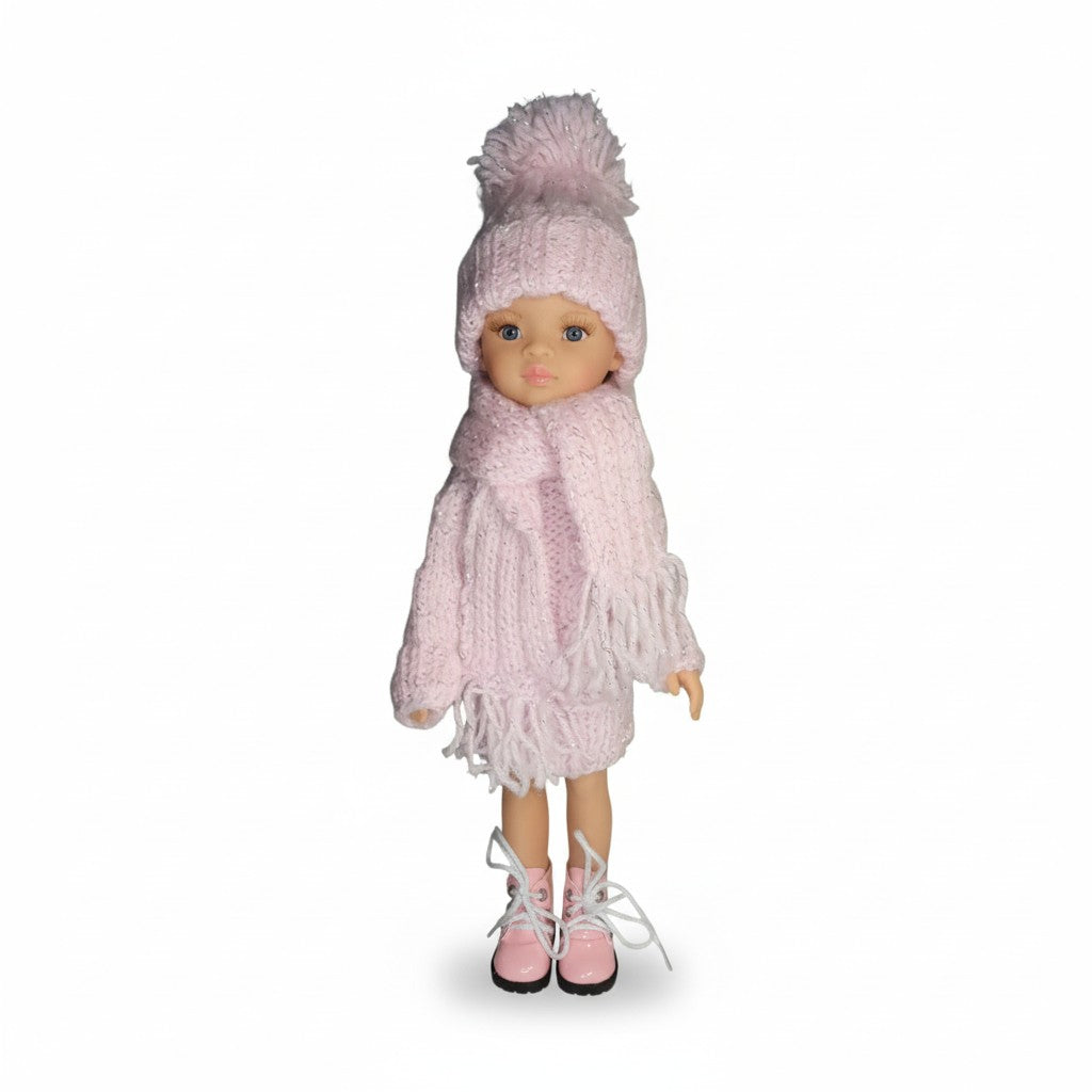 Pink handmade knitted outfit for Paola Reina 32 cm doll in pink handmade knitted winter outfit