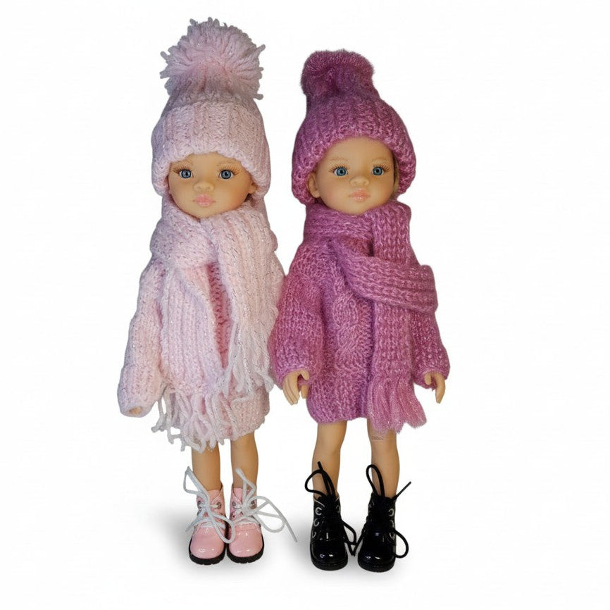 Handmade knitted berry and pink outfit set for Paola Reina 32 cm doll with hat and scarf